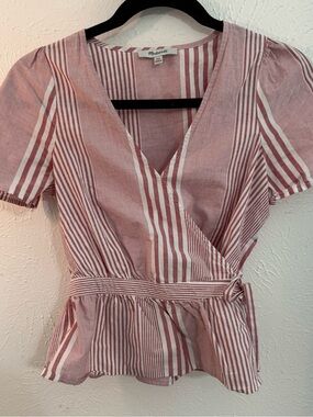 Madewell pink & White Striped Wrap Peplum Top